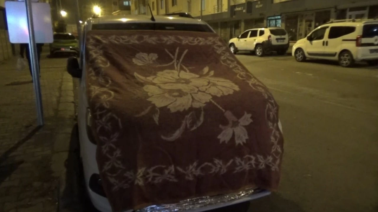 Kars'ta araçlara halılı, battaniyeli soğuk önlemi