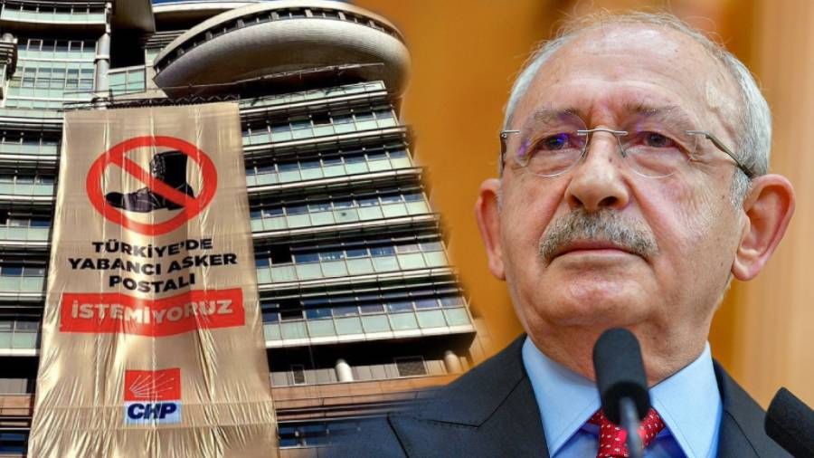 Tezkere oylaması öncesi CHP Genel Merkezi'ne 'Türkiye'de yabancı asker postalı istemiyoruz' pankartı asıldı