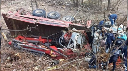 Freni boşalan vinç şarampole uçtu