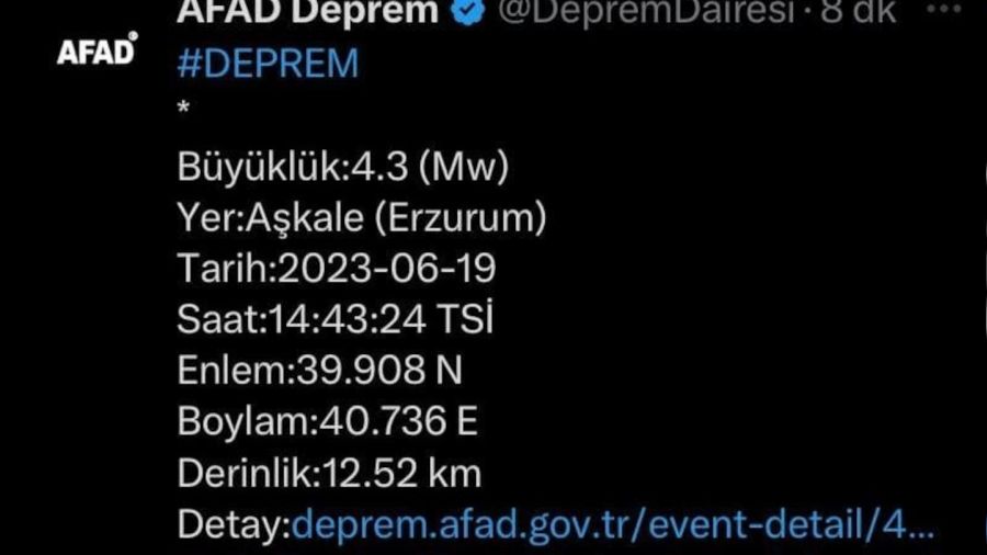 Erzurum'da 4,3 byklnde deprem