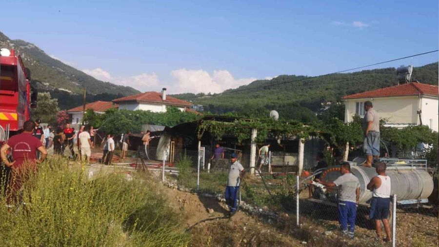 Ahır yangınında ticari araç küle döndü, 8 hayvan alevlerden zarar gördü