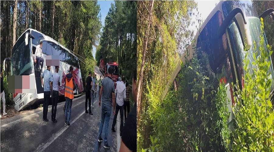 35 yolculu otobüs, uçurumun kenarında asılı kaldı